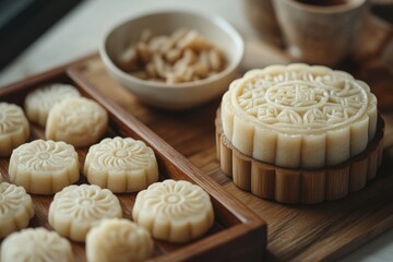 Plate of traditional mooncakes on a wooden table