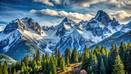 Obraz premium Snow-covered mountain peaks with rugged terrain and dense forest background, peaks, landscape, mountains, hills, forest