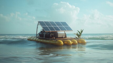 Obraz premium Solar Panel Powered Raft on Tropical Ocean Beach