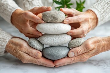 Hands holding stacked smooth spa stones with a calming background