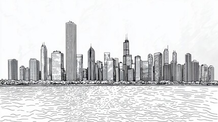 Fototapeta premium Detailed Sketch of Chicago Cityscape with Lake View in Soft Tones
