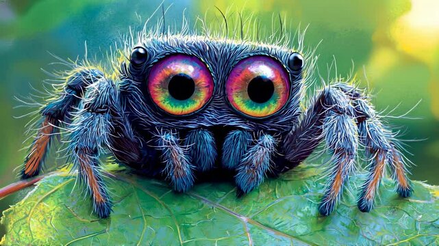 Vibrantly Colored Furry Spider on Leaf Captured in Natural Habitat with Stunning Details