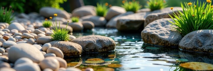 Water features with pebbles and rocks surrounding them, decorative stones, rock gardens