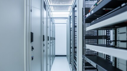 An advanced data center server rack with high-tech servers and a clean, organized environment, showcasing modern design and connectivity