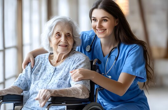 Happy elderly woman in a wheelchair with compassionate male nurse, senior care and support