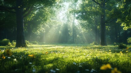 Obraz premium Sunlit Forest Meadow: A Serene Spring Morning
