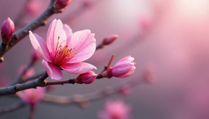 Obraz premium Soft pink petals unfurl on bare tree branches, branches, buds