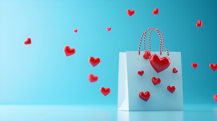 Valentine's day love. Romantic composition flat lay, valentine with gift bag with a bow, with hearts, White shopping bag with red hearts, Valentine's day concept,  happy valentine day