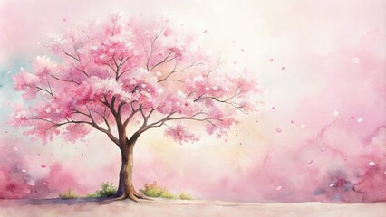 Fototapeta premium Soft pink watercolor painting of a blooming cherry blossom tree, branch, delicate, watercolor, whimsical