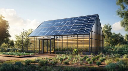 Obraz premium Modern Glass Greenhouse with Solar Panels at Sunrise