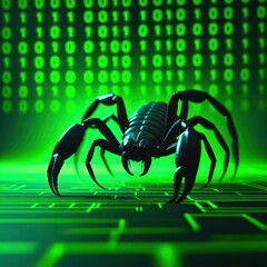 Fototapeta premium Black spider is on a green background