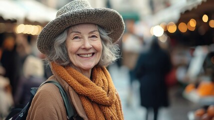 Cheerful Senior Woman with Hat Smiling at Outdoor Market Scene