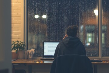 A student watches the rain while their classmates playfully tap on the glass