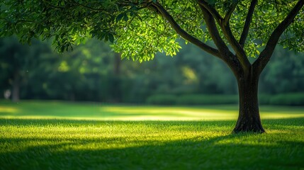 Fototapeta premium Lush green grass, sunlight dappled tree. Ideal for nature, tranquility, peace themes. Perfect for websites, blogs, or presentations needing a serene, natural feel.