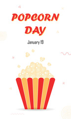 Popcorn day celebration banner, January 19, yellow and red striped cardboard bucket with snack