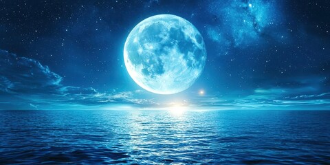 Large blue moon is in the sky above a body of water