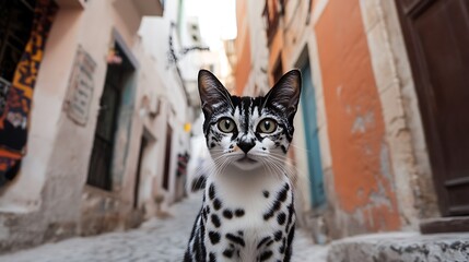 Spotted cat stares, alleyway, old town, travel blog