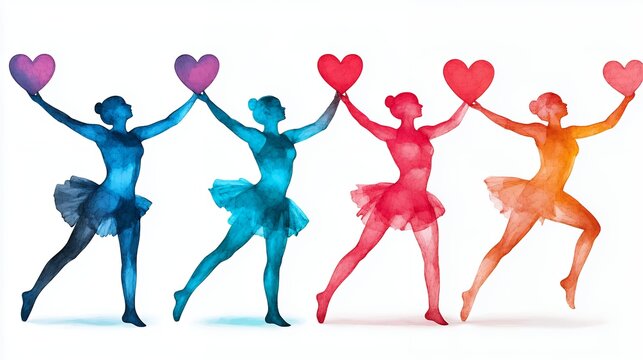Five Watercolor Ballerinas Holding Hearts in a Joyful Pose