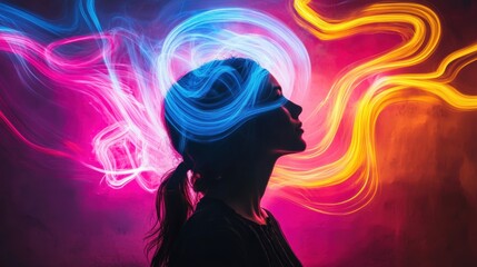 Profile silhouette of a woman with colorful light trails behind