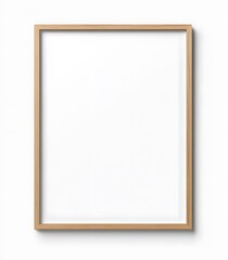 Blank wooden picture frame mockup on white wall, minimalistic modern decor