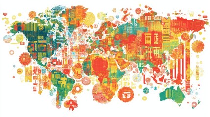 Naklejka premium Colorful world map illustration showcasing global landmarks, cultures, and economies