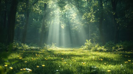 Obraz premium Sunbeams in the Enchanting Forest: A Mystical Meadow