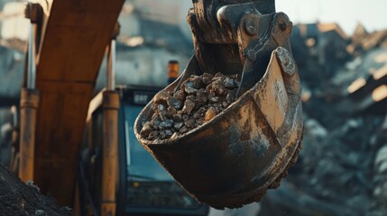 A close-up of an excavator's bucket filled with gravel at a construction site.