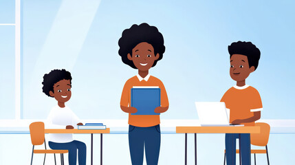 A cheerful classroom scene featuring two students and a teacher engaged in learning activities, with bright colors and a modern, inviting atmosphere.