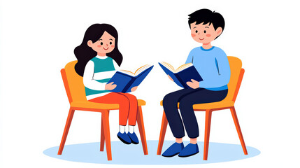 Two children are sitting on chairs, reading books happily, showcasing a moment of learning and friendship.