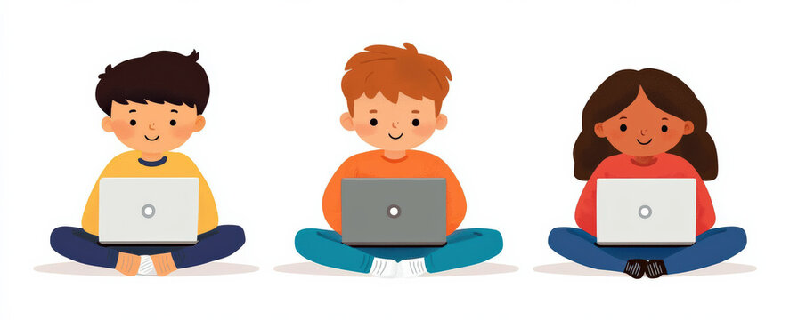 Three children sit cross-legged, focused on their laptops, engaged in learning or activities in a colorful, friendly illustration.