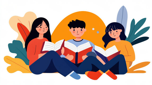Three young people are sitting together reading books, surrounded by colorful plants and abstract shapes, conveying a sense of friendship and learning.