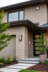 Obraz premium Modern House Exterior: Contemporary Home Design and Architecture. Stunning facade, landscaping, and entrance. Real estate, property, and new construction concepts.