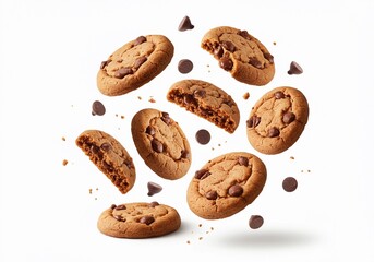 Chocolate Chip Cookie Clusters Gracefully Floating in Mid-Air on a White Canvas