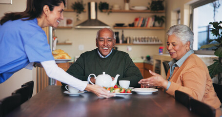 Elderly couple, caregiver and happy in home with breakfast, service and assisted living. Senior...