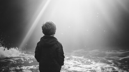 Obraz premium Boy at the Seashore Gazing at Sunlight in Black and White