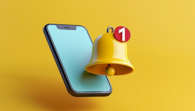Notification message bell icon alert and alarm on yellow background with smartphone reminder . golden bell