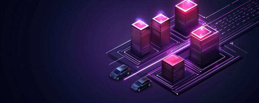 A futuristic digital landscape featuring glowing buildings and cars, representing advanced technology and connectivity in a dark setting.