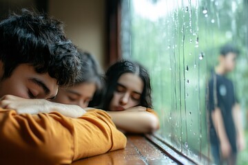 The window is covered in streaks of rain as students rest their heads on their arms, staring