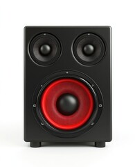 A black and red computer speaker with two speakers on top of it, front view, white background