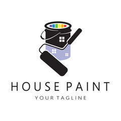 logo icon illustration house paint with a blend of brushes and rollers for house wall paint design, minimalist house, painting, interior, building, property business, wallpaper, vector concept