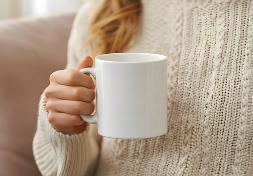Woman holding blank white mug in cozy sweater, mockup for branding or custom design