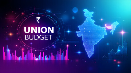 Naklejka premium India Union Budget, India Economic background, India Finance background, abstract digital background illustration with India map, Rupee symbol, Indian economy growth.