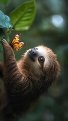 Naklejka premium Three-toed Sloth Upside-Down While Butterfly Drinks From Its Fur in Costa Rica's Cloud Forest. Generative AI