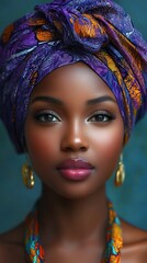 Fototapeta premium Elegant African Woman With a Vibrant Headwrap and Striking Earrings in a Close-Up Portrait. Generative AI