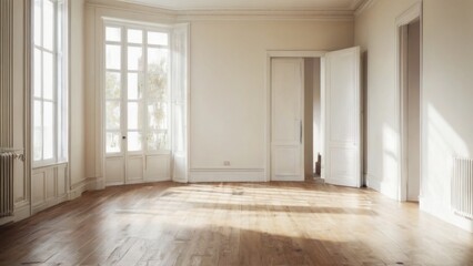 Bright and Airy Empty Room with Wooden Flooring, Large Windows, and White Walls  Interior Design Concept.