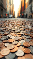 A street covered in scattered coins glimmers in the sunlight, creating a mesmerizing scene of urban...