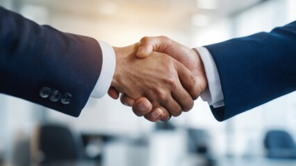 Professional Agreement: Two Businessmen Handshake in Office Setting, Symbolizing Partnership and Accord. Blurred Background of Workplace.