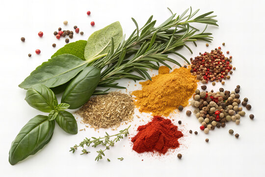 Fresh and dried herbs and spices including basil, rosemary, and cumin create vibrant assortment for culinary use, enhancing flavors and aromas in cooking - Powered by Adobe