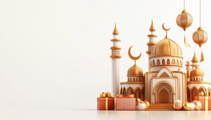 Festive Islamic Mosque with Gifts and Lanterns Eid al Fitr Mubarak Celebration
