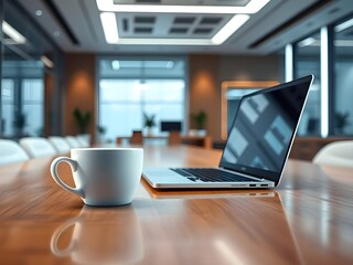 Fototapeta premium White coffee cup with laptop computer on office table for business concept, in clean office.